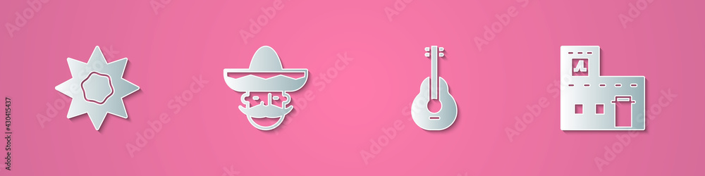 Set paper cut Sun, Mexican man sombrero, guitar and house icon. Paper art style. Vector Set paper cut Sun, Mexican man sombrero, guitar and house icon. Paper art style. Vector