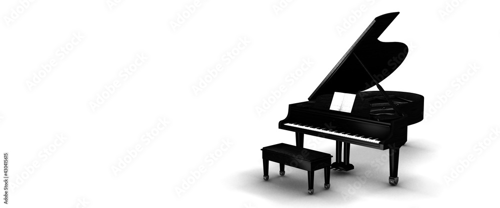 Ilustrace „Black grand piano on a white background panoramic 3d render“ ze  služby Stock | Adobe Stock