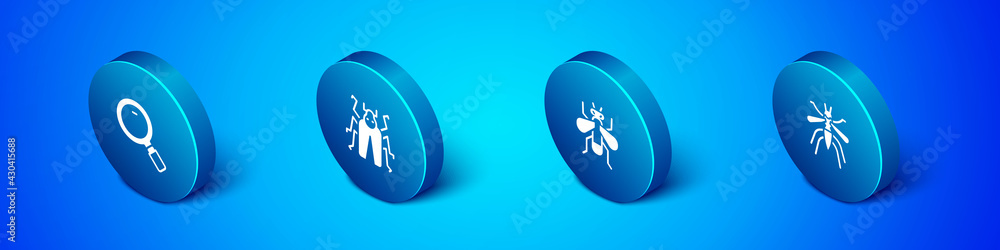 Fototapeta premium Set Isometric Magnifying glass, Insect fly, Mosquito and Beetle bug icon. Vector