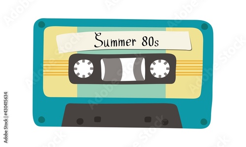 Vector illustration depicting a retro cassette tape and the inscription "Summer 80s". Picture in vintage colors.
