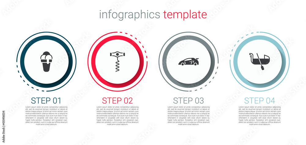 Set Ice cream, Wine corkscrew, Sport racing car and Gondola. Business infographic template. Vector Set Ice cream, Wine corkscrew, Sport racing car and Gondola. Business infographic template. Vector