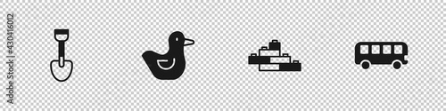 Set Shovel toy, Rubber duck, Toy building block bricks and Bus icon. Vector