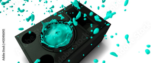Paint vibrating and exploding from a large concert speaker 3d render