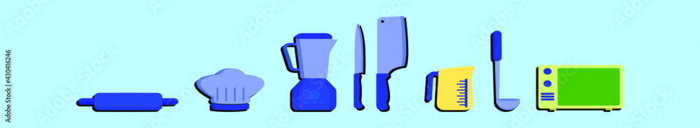 set of kitchen utensil cartoon icon design template with various models. vector illustration isolated on blue background set of kitchen utensil cartoon icon design template with various models. vector illustration isolated on blue background
