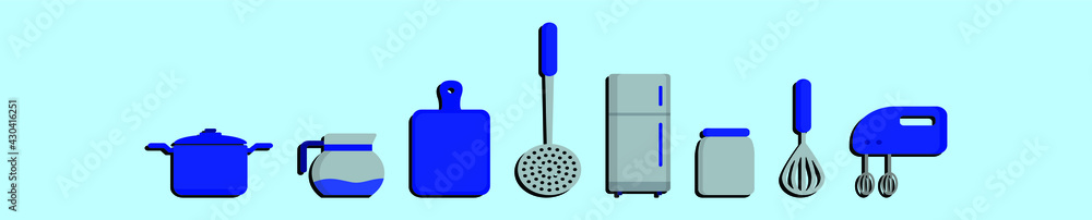 set of kitchen utensil cartoon icon design template with various models. vector illustration isolated on blue background