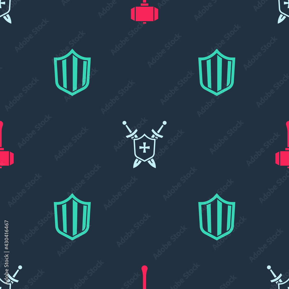 Set Hammer, Medieval shield with swords and Shield on seamless pattern. Vector
