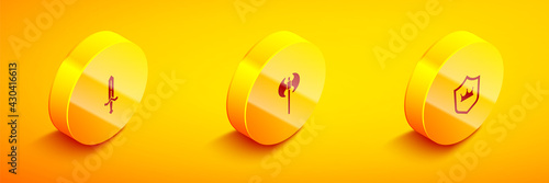 Set Isometric Medieval sword, axe and Shield with crown icon. Vector