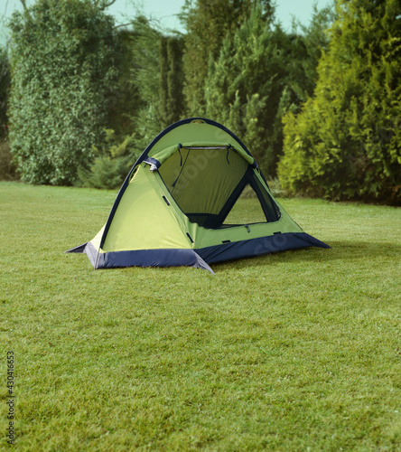 camping tent mounted on the lawn