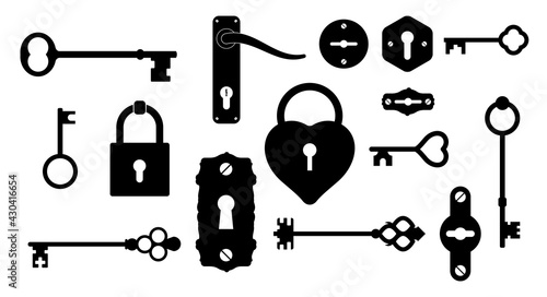 Old vintage keys and locks. Flat style vector illustration isolated on white