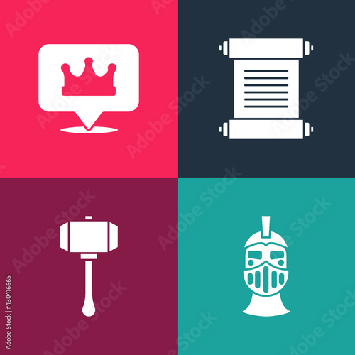 Set pop art Medieval iron helmet, Hammer, Decree, parchment, scroll and Location king crown icon. Vector