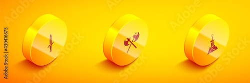 Set Isometric Dagger, Crossed medieval axes and Sword in the stone icon. Vector