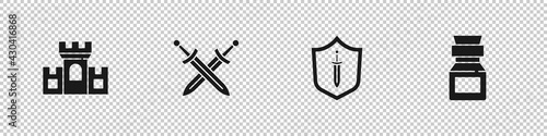 Set Castle, fortress, Crossed medieval sword, Medieval shield with and Poison in bottle icon. Vector