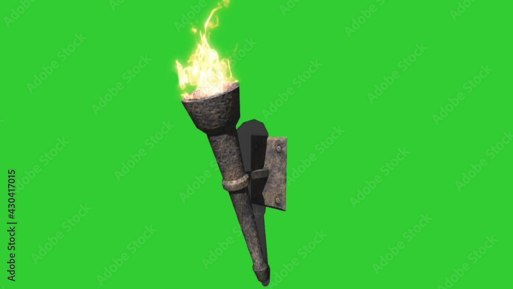 3d vintage wall fire torch green screen 4K footage