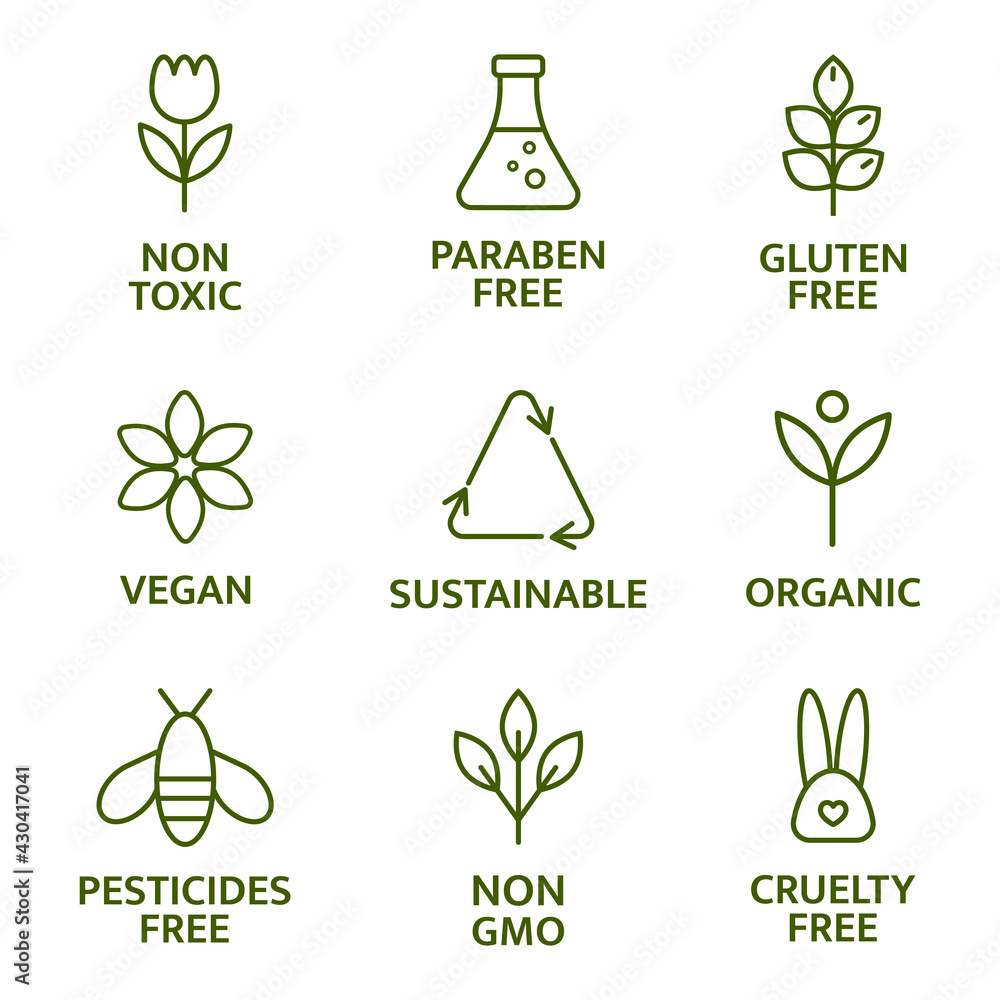 Natural and organic cosmetic line icons. Beauty product. Gluten and