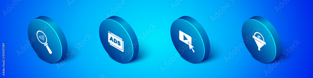 Set Isometric Magnifying glass and analysis, Advertising, Lead management and icon. Vector Set Isometric Magnifying glass and analysis, Advertising, Lead management and icon. Vector