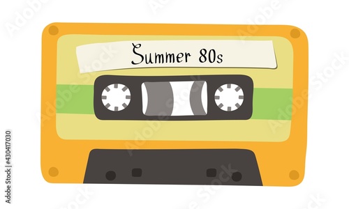 Vector illustration depicting a retro cassette tape and the inscription  Summer 80s . Picture in vintage colors.