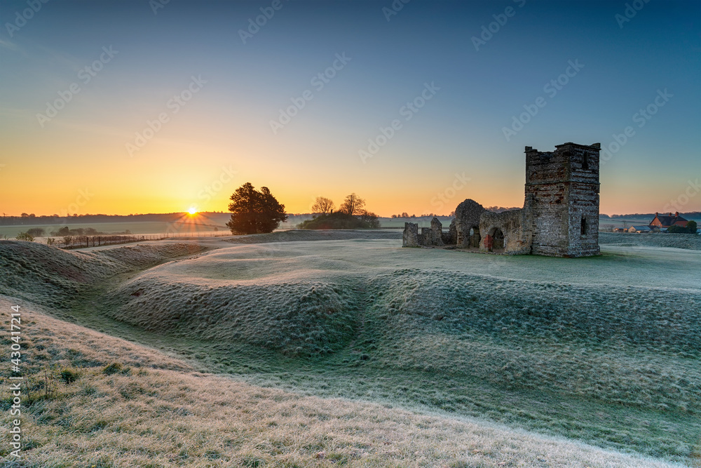 Frosty sunrise over the old church at Knowlton