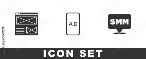 Set Browser window, Advertising and Social media marketing icon. Vector