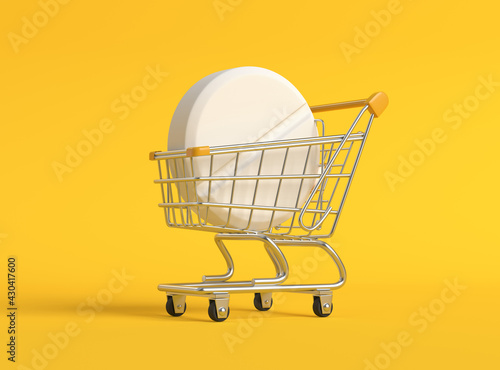 Pharmaceutical medicine pills, tablets and capsules in a metal shopping cart on yellow background with copy space. Medicine concepts. Minimalistic abstract concept. 3d Rendering illustration
