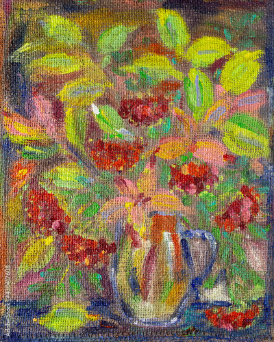Acrylic or oil painting. Autumn bouquet of rowan in a vase