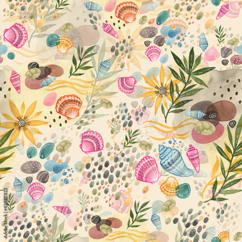 Seamless watercolor pattern seashells, pebbles, vacation by the sea. Beautiful print for textile and design. Colorful illustration of a summer weekend on the seashore, outdoor recreation, sun, ocean, 