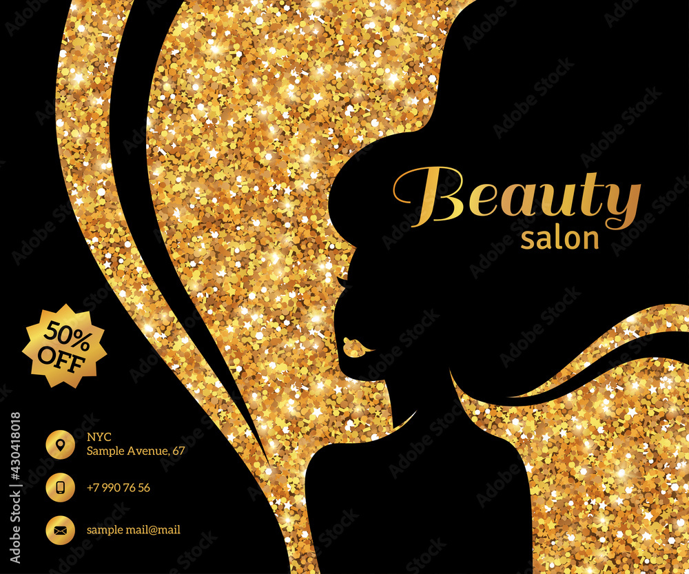 Black and Gold Flyer Template, Fashion Woman with Long Hair. Vector Illustration. Stylish Beauty Salon Banner. Girl Silhouette: cosmetics, beauty, health spa. Glowing Gift Card, Voucher. Stock Vector | Adobe Stock Black and Gold Flyer Template, Fashion Woman with Long Hair. Vector Illustration. Stylish Beauty Salon Banner. Girl Silhouette: cosmetics, beauty, health spa. Glowing Gift Card, Voucher. Stock Vector | Adobe Stock