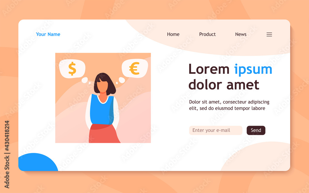 Woman standing and thinking about currency rate. Euro, dollar, cash flat vector illustration. Finance and investment concept for banner, website design or landing web page Woman standing and thinking about currency rate. Euro, dollar, cash flat vector illustration. Finance and investment concept for banner, website design or landing web page