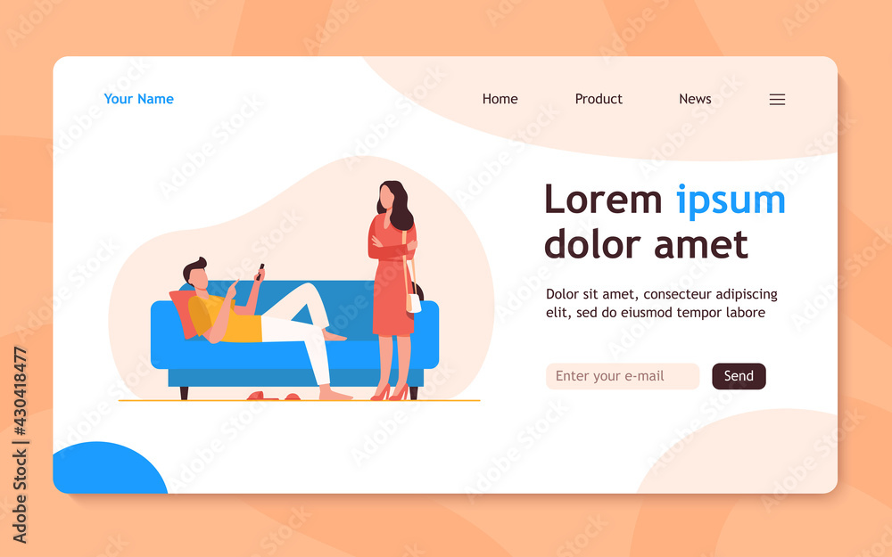 Fototapeta premium Man lying on sofa when woman standing and looking at him. Couch, laziness, wife flat vector illustration. Family and relationship concept for banner, website design or landing web page