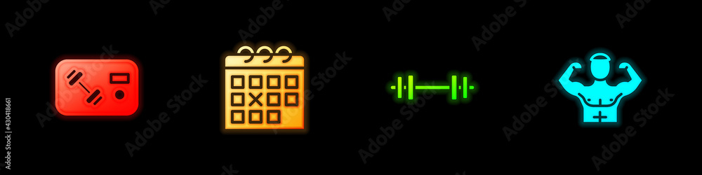 Set Fitness club, gym card, Calendar fitness, Barbell and Bodybuilder muscle icon. Vector