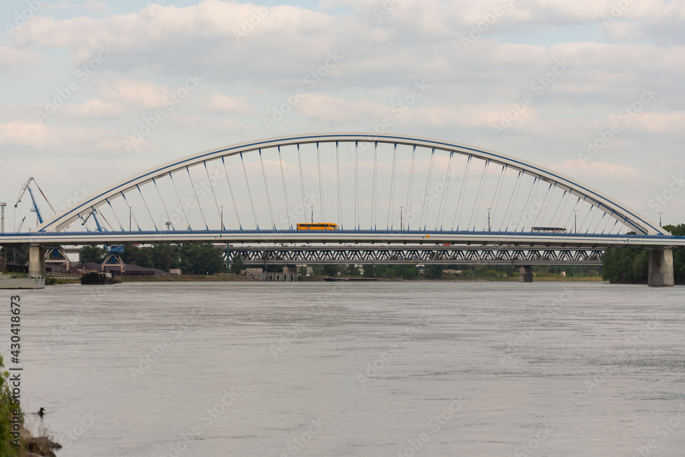 Bratislava. Slovakia. Spring 2019. One of the bridges of the city of Bratislava. Apollo Bridge over the Danube.