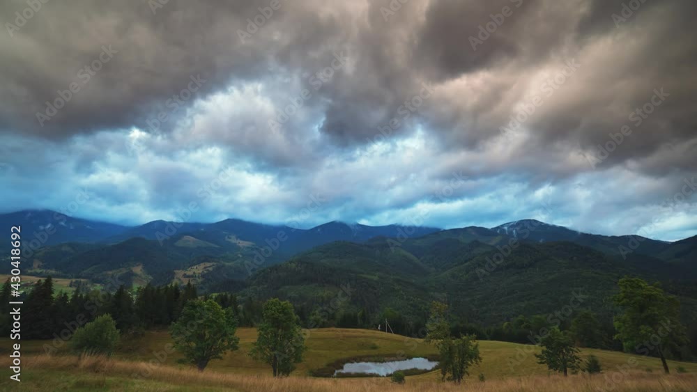Mountain landscape time lapse with moving dark storm clouds at dusk. Dramatic sky. Mountain landscape time lapse with moving dark storm clouds at dusk. Dramatic sky.