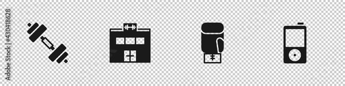 Set Dumbbell, Gym building, Boxing glove and Music player icon. Vector