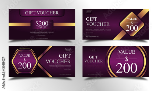 set of luxury purple and gold gift voucher templates, coupon designs, certificates, ticket templates, ready to edit and use.