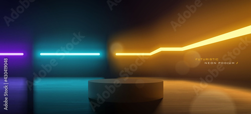 Futuristic neon empty podium scene for product display presentation or placement mockup vector