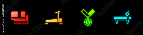 Set Towel stack, Treadmill machine, Medal and Bench with barbel icon. Vector