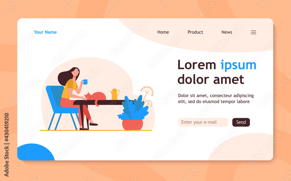 Young woman patting red cat while drinking tea. Coffee break, morning, pet flat vector illustration. Cozy home, hot drink, autumn concept for banner, website design or landing web page Young woman patting red cat while drinking tea. Coffee break, morning, pet flat vector illustration. Cozy home, hot drink, autumn concept for banner, website design or landing web page