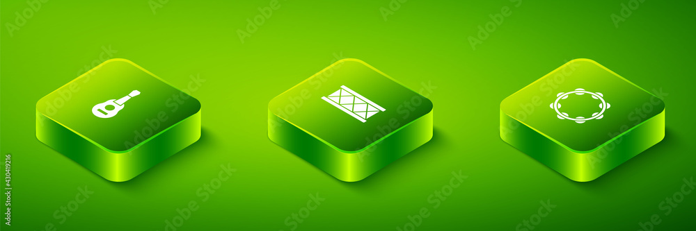 Set Isometric Drum, Tambourine and Guitar icon. Vector Set Isometric Drum, Tambourine and Guitar icon. Vector