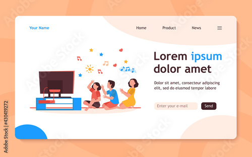 Happy people sitting on floor and listening music channel. TV, home, friend flat vector illustration. Leisure and entertainment concept for banner, website design or landing web page