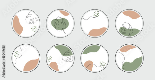 Vector highlight story cover icons for social media. Abstract minimal organic circle backgrounds with tropical leaves for instagram bloggers