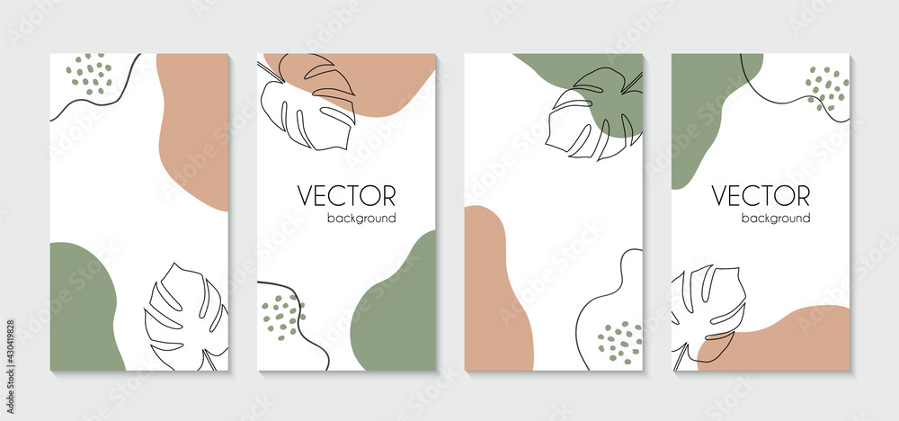 Minimal organic instagram stories template. Vector set of vertical abstract backgrounds with tropical leaves and organic shapes. For social media stories