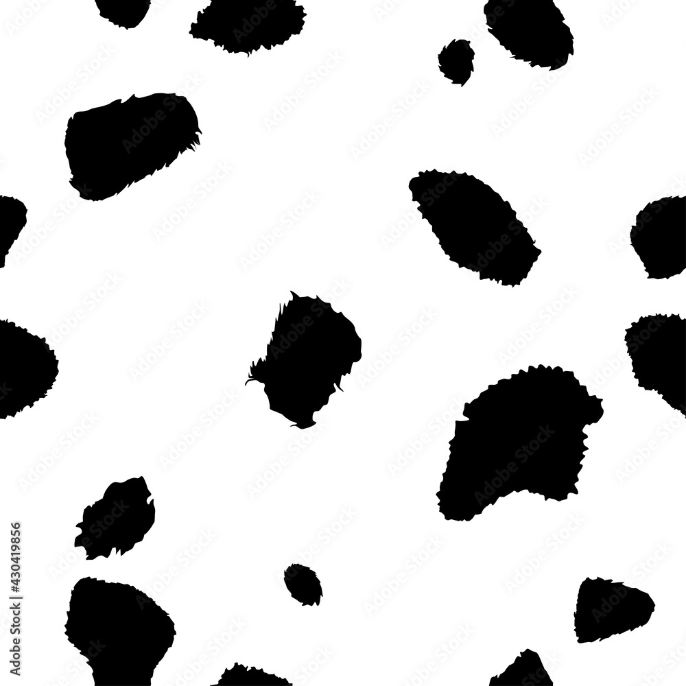 Vector cow print, seamless texture. Black irregular patches on white backdrop. Abstract cows skin pattern. Random bovine spots hand drawn design. Farm animal textural banner.