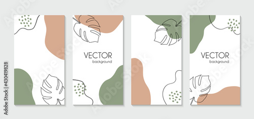 Minimal organic instagram stories template. Vector set of vertical abstract backgrounds with tropical leaves and organic shapes. For social media stories