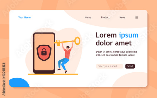 Tiny man unlocking mobile phone with golden key. Padlock, smartphone, lock flat vector illustration. Security and protection concept for banner, website design or landing web page