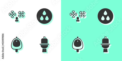 Set Toilet bowl, Water tap, urinal or pissoir and drop icon. Vector