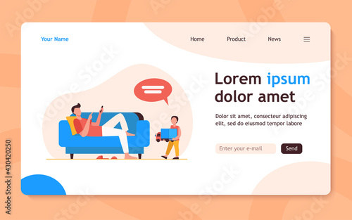 Father lying on sofa and listening son with toy. Child, truck, speech bubble flat vector illustration. Communication and parenthood concept for banner, website design or landing web page