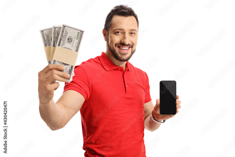 Man holding money and showing a mobile phone Man holding money and showing a mobile phone