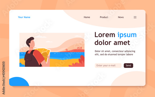 Young traveler holding map and standing near lake. Backpack, landscape, trip flat vector illustration. Vacation and nature concept for banner, website design or landing web page