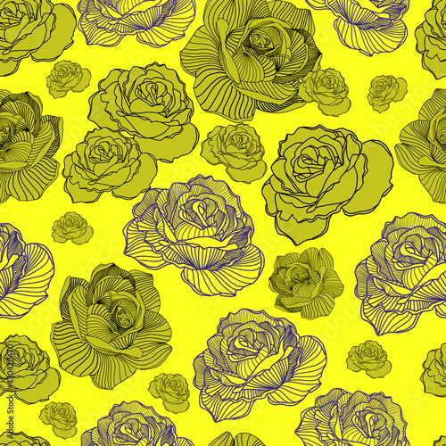 Abstract elegance seamless floral pattern. Beautiful flowers vector illustration texture with roses on yellow background