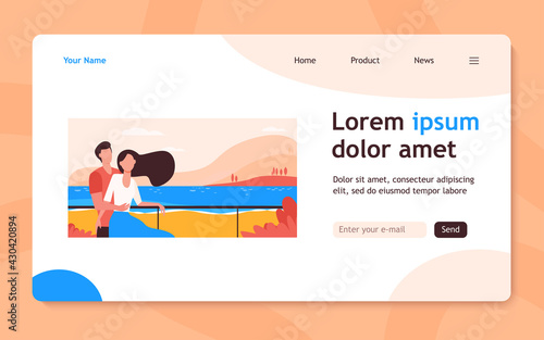 Dating couple enjoying vacation by sea. Man and woman hugging on beach flat vector illustration. Tourism, leisure, summer concept for banner, website design or landing web page