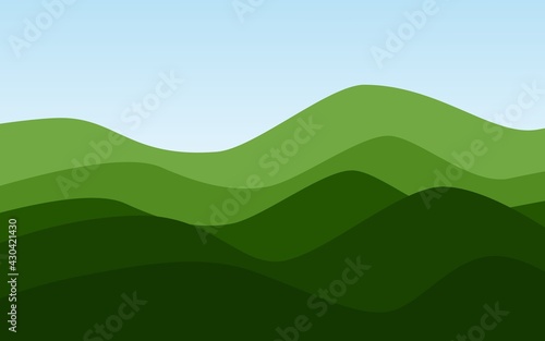 Illustration of green hills view with blue gradient sky. Green landscape abstract wallpaper. Dark and bright Green colours.